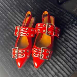 Red Patent Leather Buckle Flats
